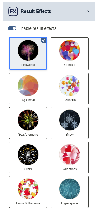 Celebration picker with confetti, fireworks, and emoji icons.