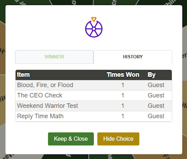 History log of previous spins.