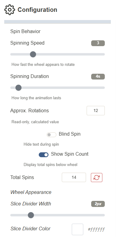 Sidebar showing wheel settings.