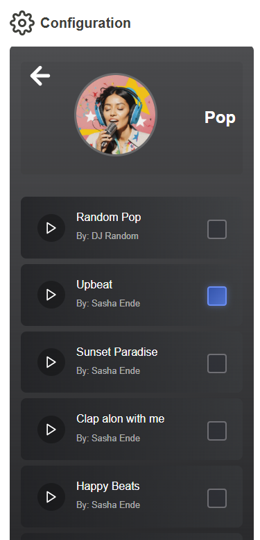 Sound selection panel with genre choices and preview button.