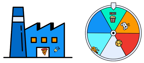 An illustration of an idea factory producing a spinner wheel.